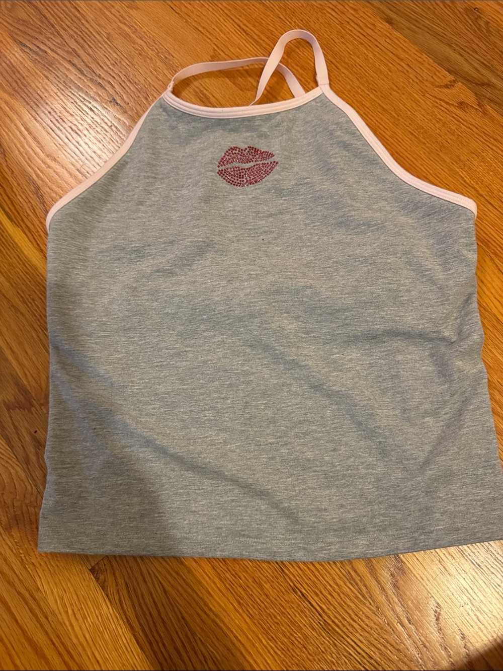 VS Racerback Tank Grey & Pink with Red Crystal Lip Accent